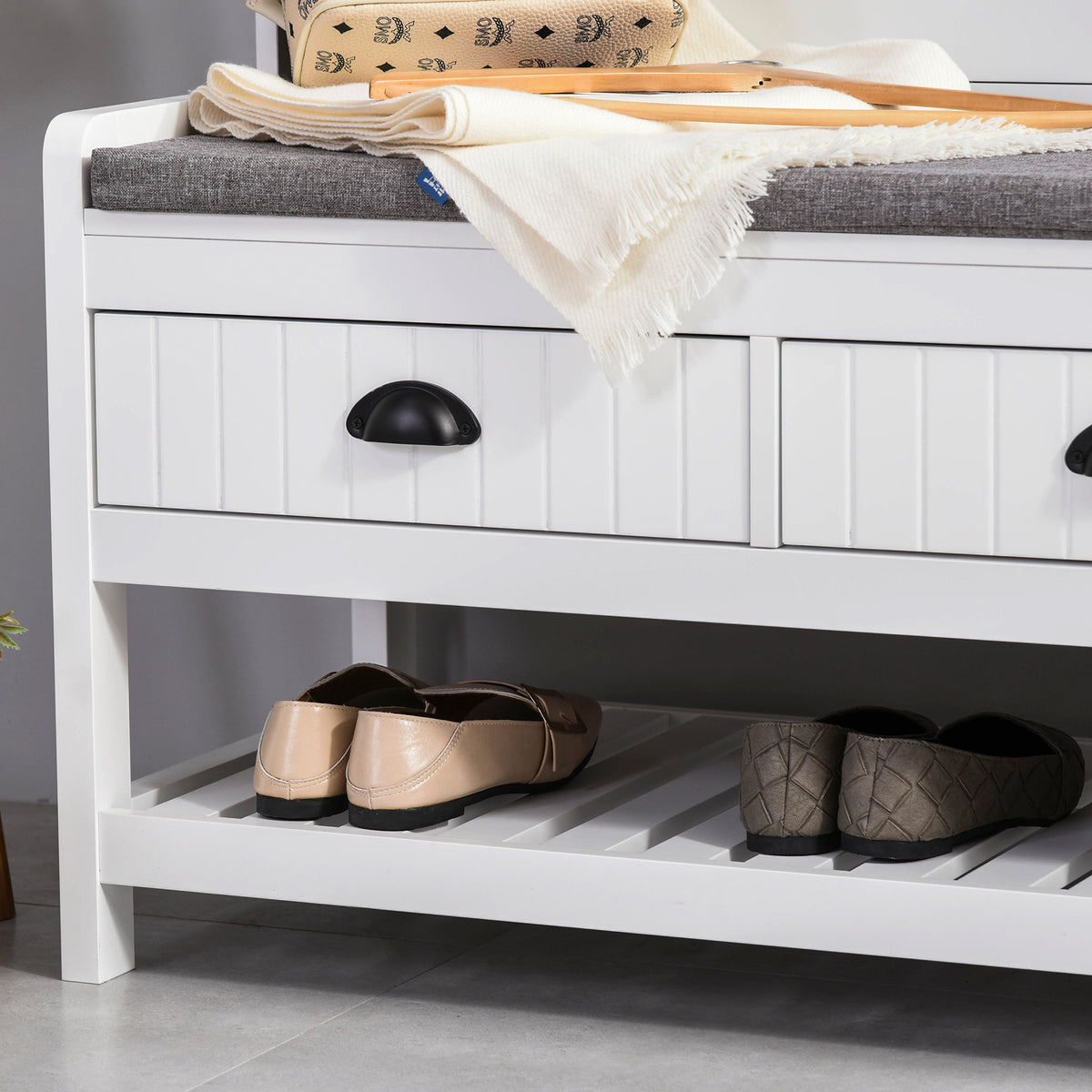 White Coat Rack and Bench with 4 Hooks, 2 Drawers A19537