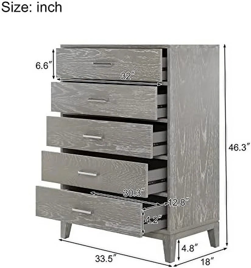 Grey 5-Drawer Dresser Chest of Drawers with Metal Handles O635