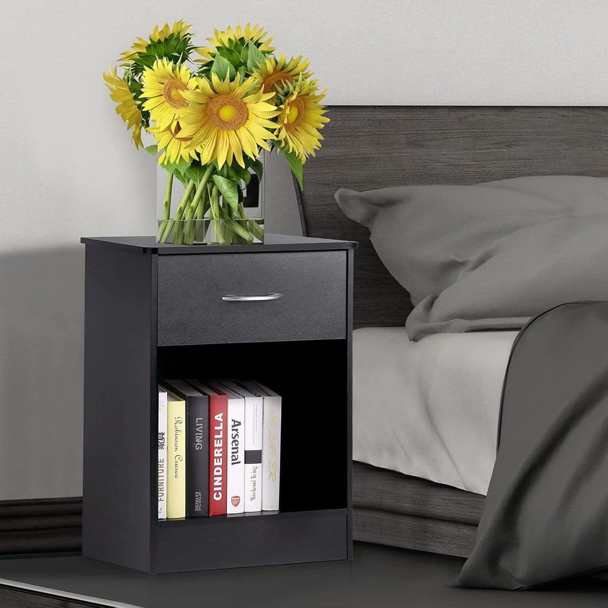 Black Nightstand with Drawers and Shelf A572302