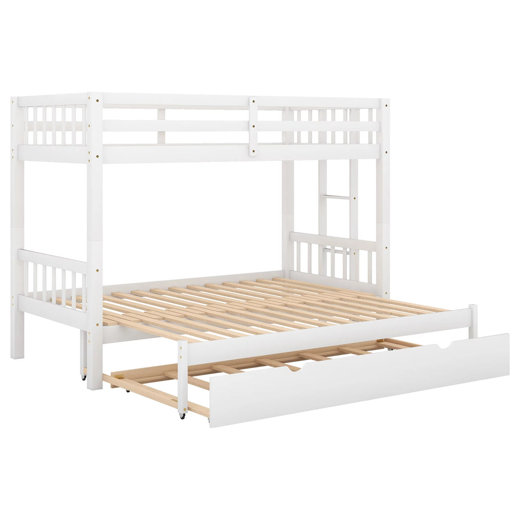 White Solid Wood Twin Over Twin Extendable Bunk Beds with Trundle L587