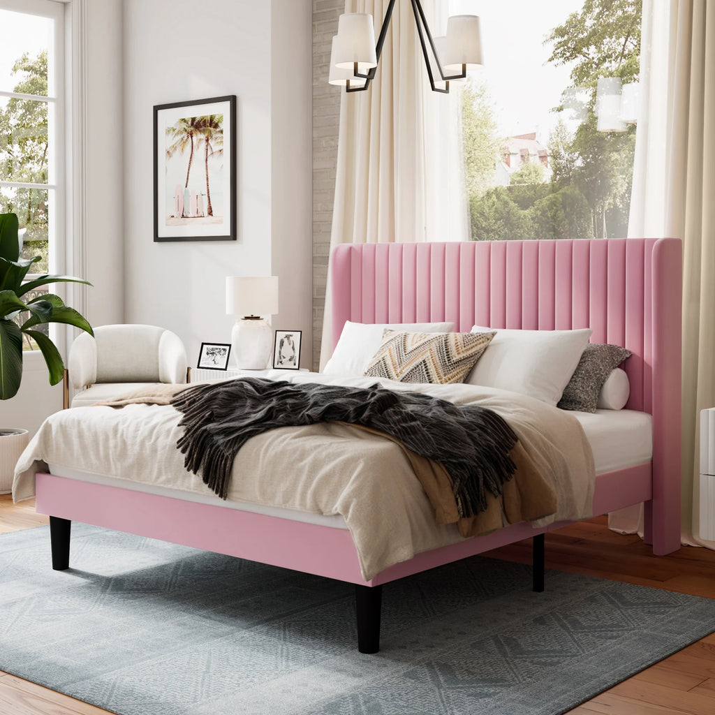 Queen Size Velvet Upholstered Platform Bed Frame D6865