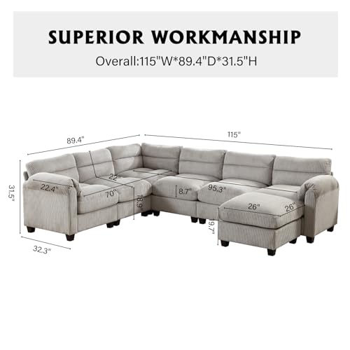 Grey Corduroy L Shaped 6 Seater Sectional Sofa Set Q89745