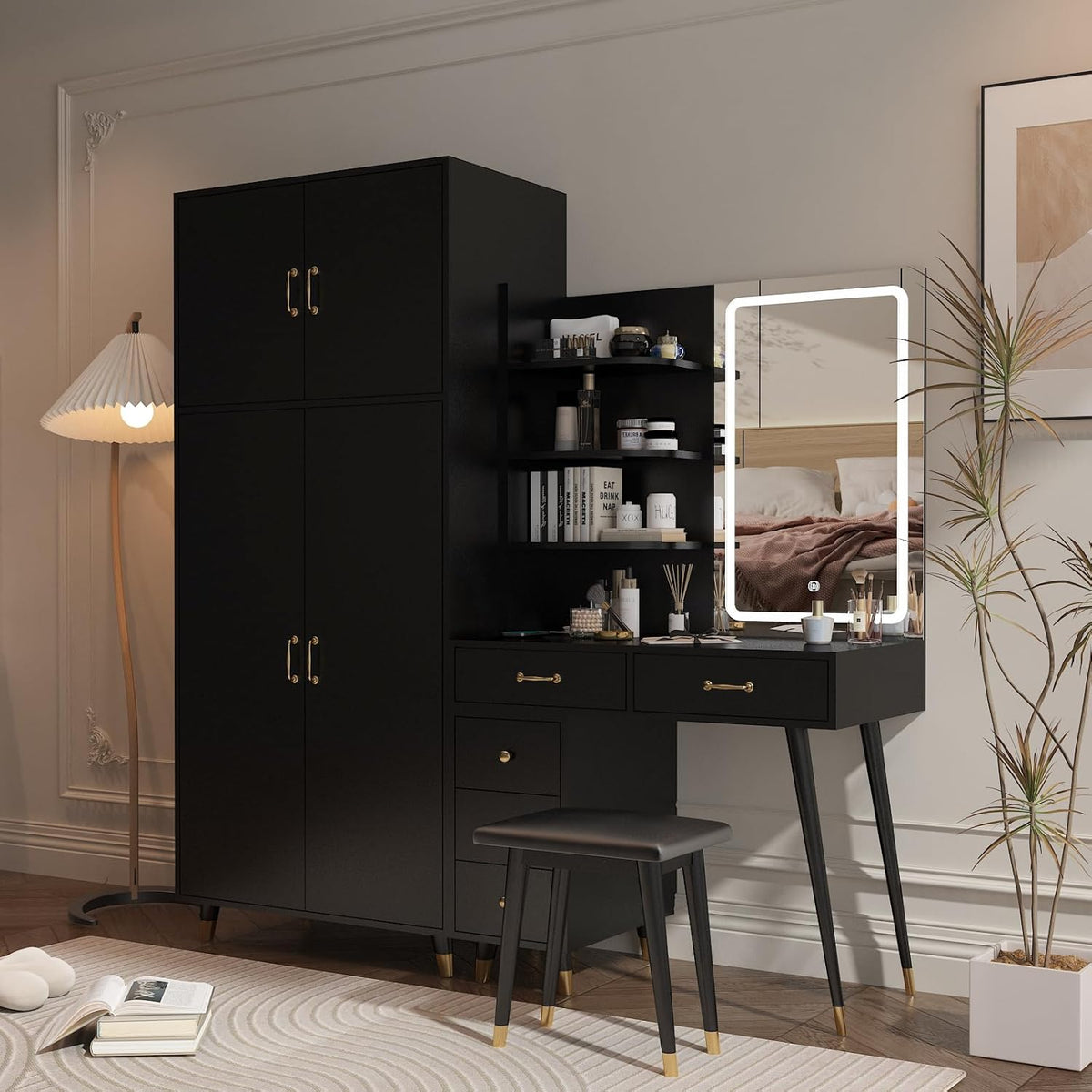 Black Vanity Desk with 4 Door Closet, Lights Mirror, Stool Set, Storage Cabinet 170 x 50 x 185CM V19908