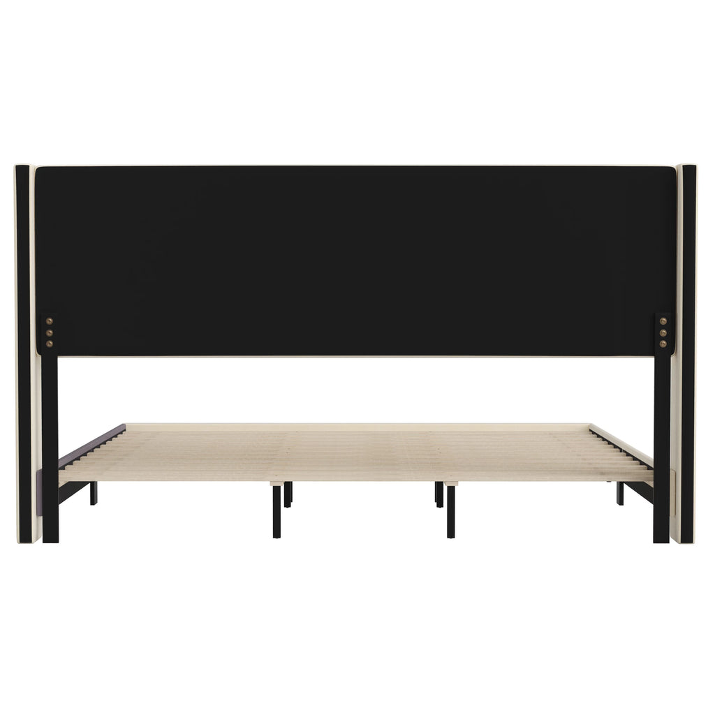 King Platform Bed with Beige Faux Linen Upholstered Headboard P403