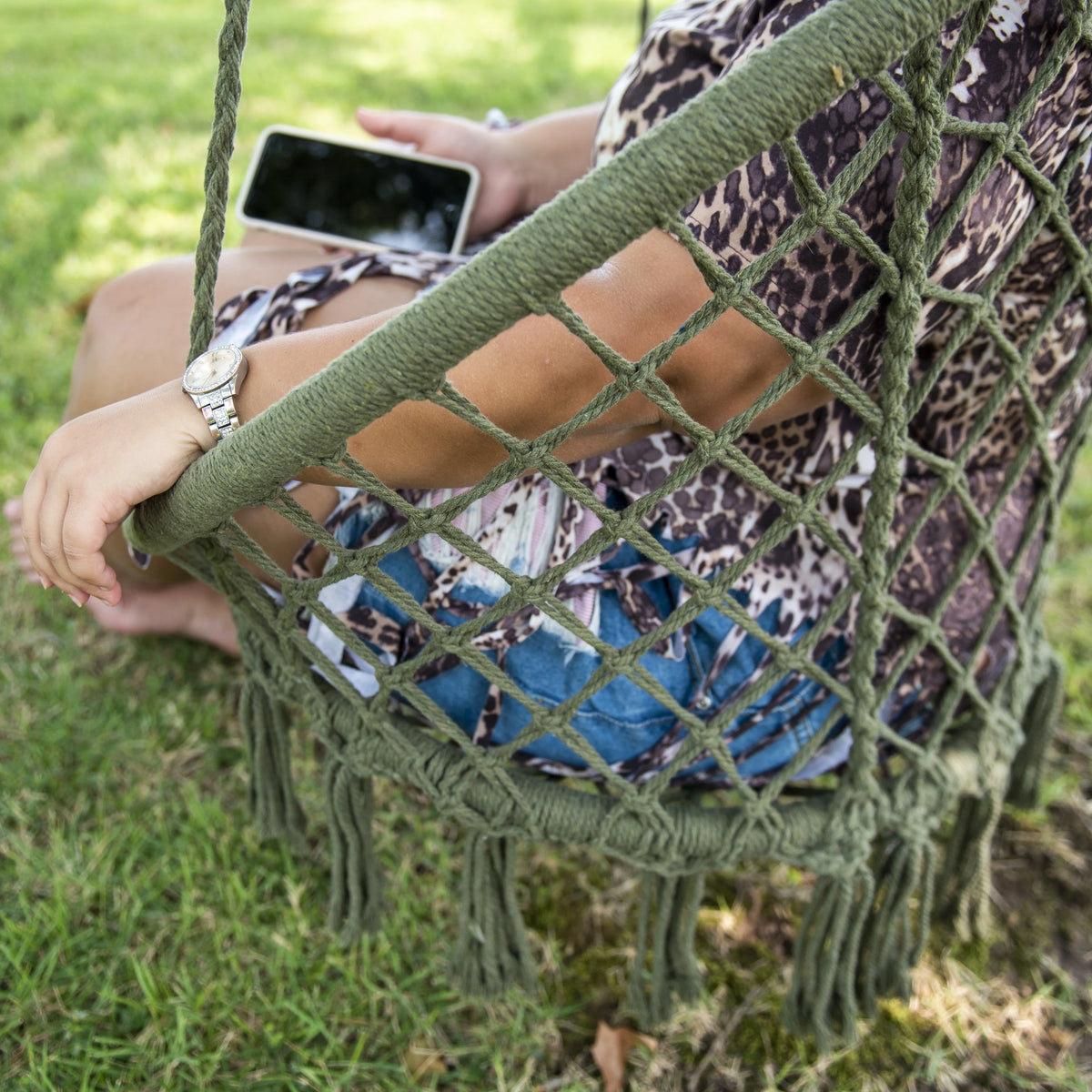Macrame Outdoor Hammock Chair, Cotton Blend Olive Green, 47” L x 24” W, Capacity 250 lb. T21255