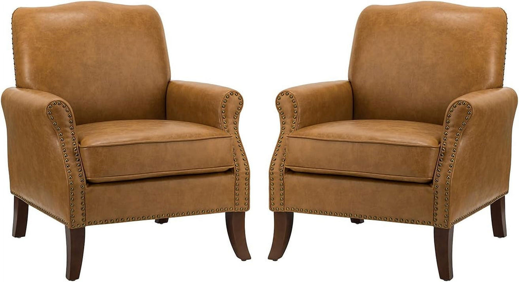 Faux Leather Accent Armchair Set Of 2 with Solid Wood Legs F38918