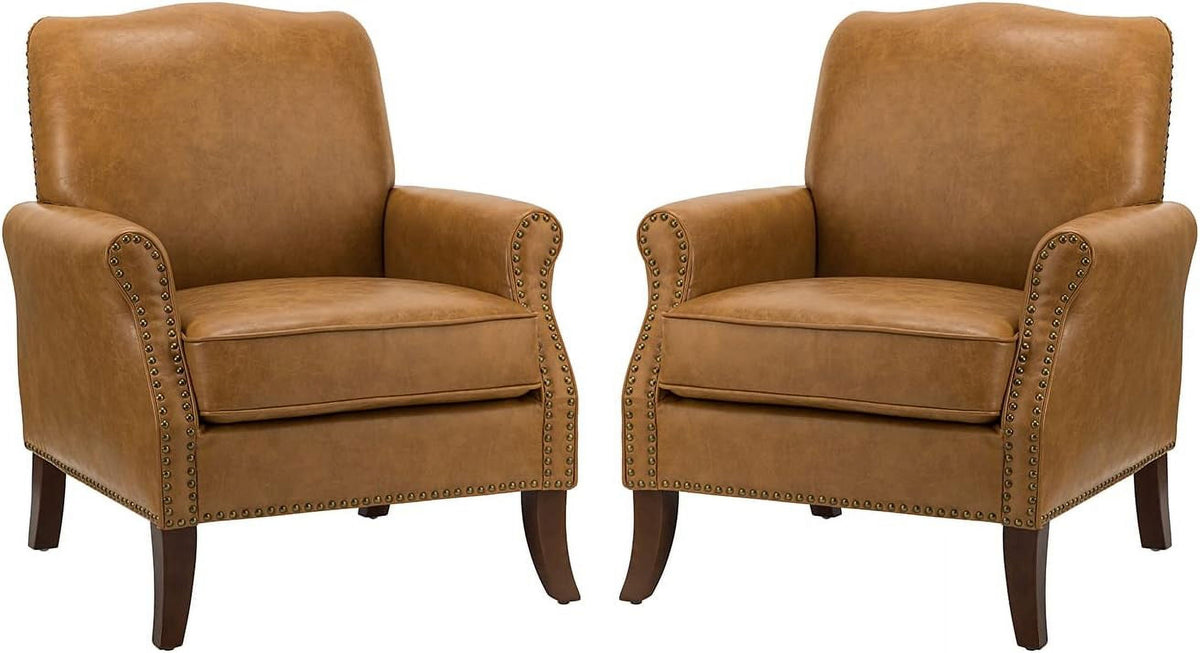 Faux Leather Accent Armchair Set Of 2 with Solid Wood Legs F38918