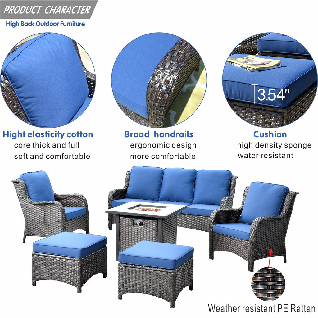 Brown 6 Pieces Outdoor Sectional Sofa with Gas Fire Pit R3401