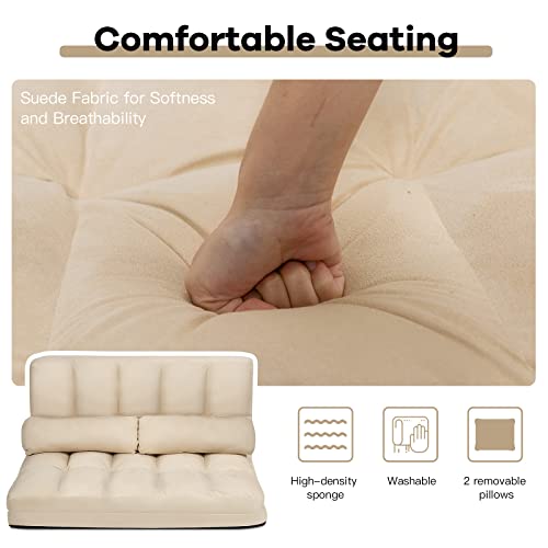 Blue Floor Sofa with 2 Pillows, Foldable 6-Position Adjustable Metal Frame Suede Fabric W423339