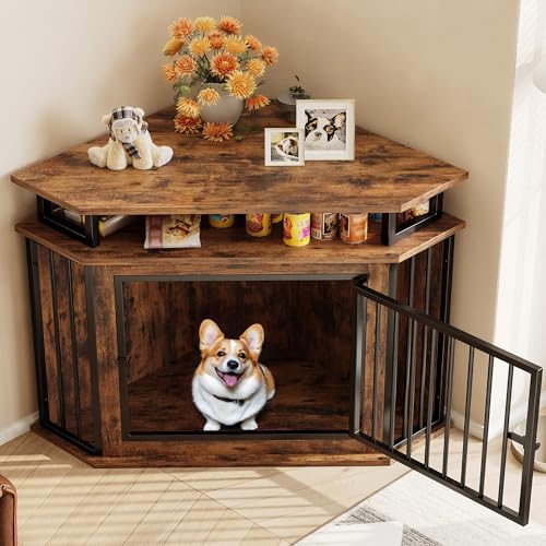 Rustic Brown Corner Wooden Dog Crate with 2-Tier Shelves C660