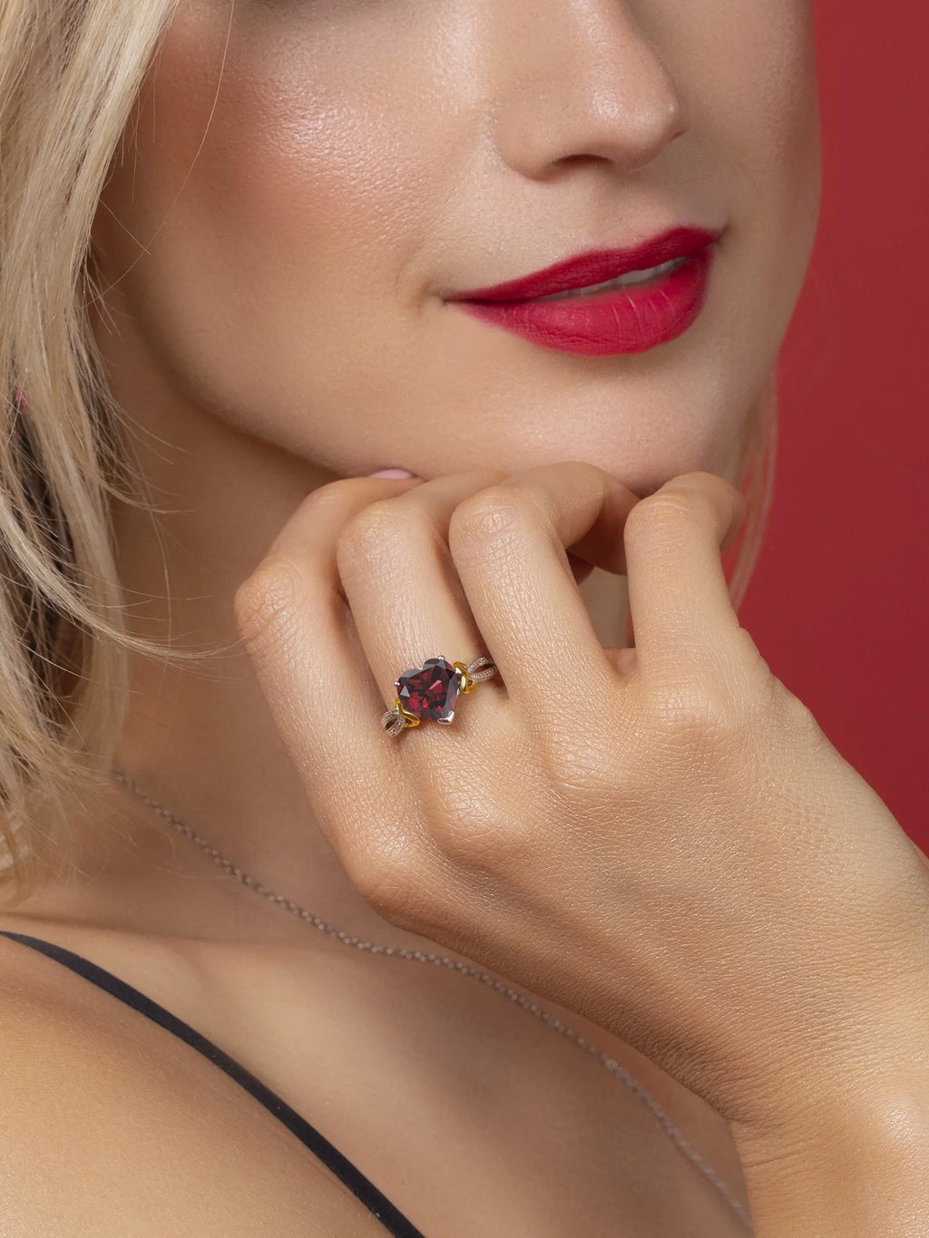 925 Sterling Silver 10K Yellow Gold Red Garnet Diamond Heart Shape Ring D9300