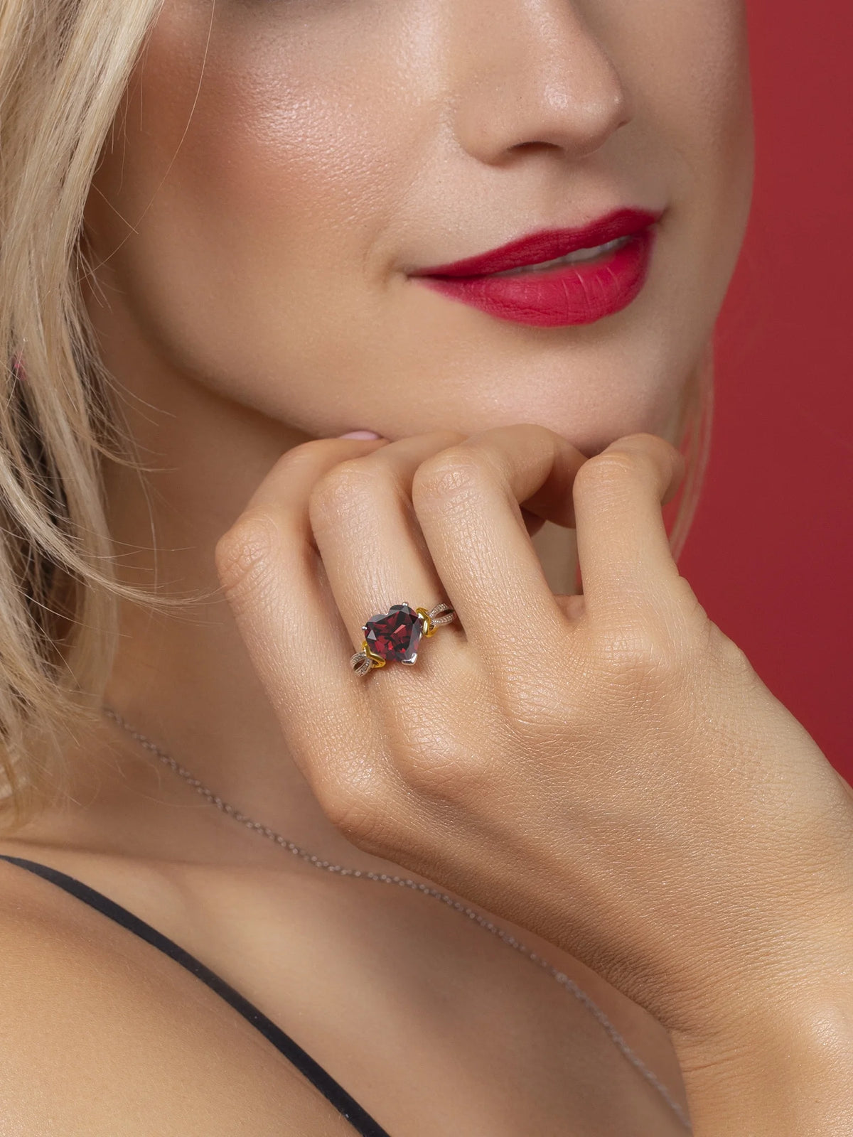 925 Sterling Silver 10K Yellow Gold Red Garnet Diamond Heart Shape Ring D9300