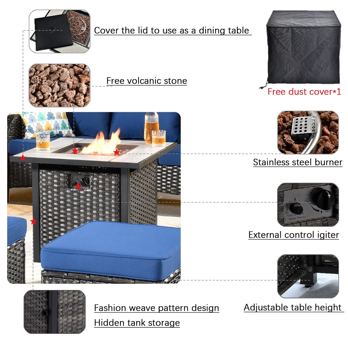 Brown 6 Pieces Outdoor Sectional Sofa with Gas Fire Pit R3401