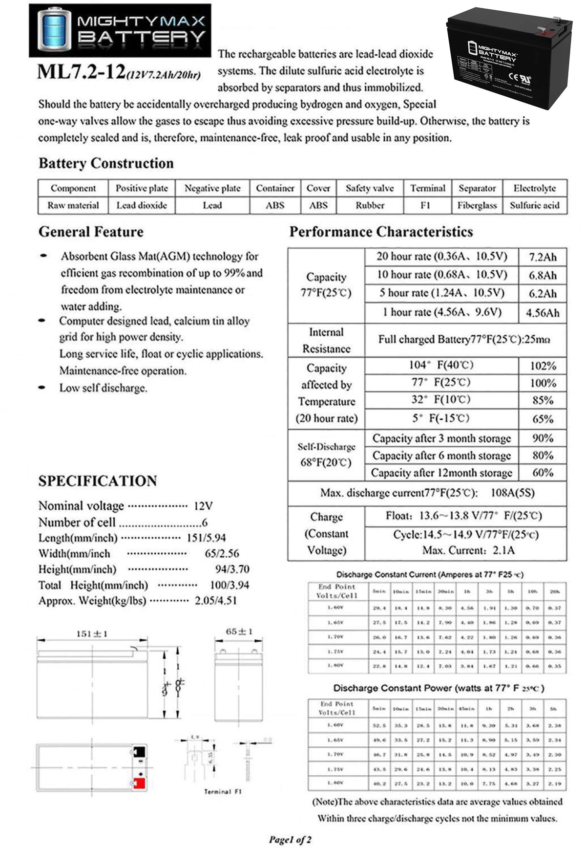 12 Volt 7.2 AH Rechargeable SLA AGM Battery X9923