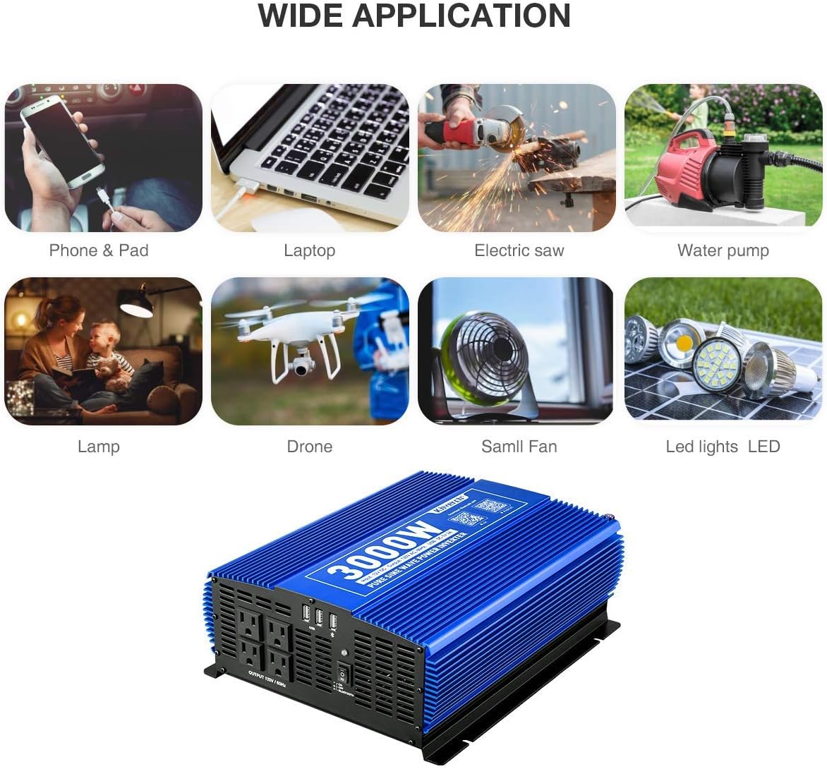 3000W Pure Sine Wave Power Inverter 12V DC to 110V AC Car Inverter with Bluetooth 4 AC Outlets 2 USB Ports X74395
