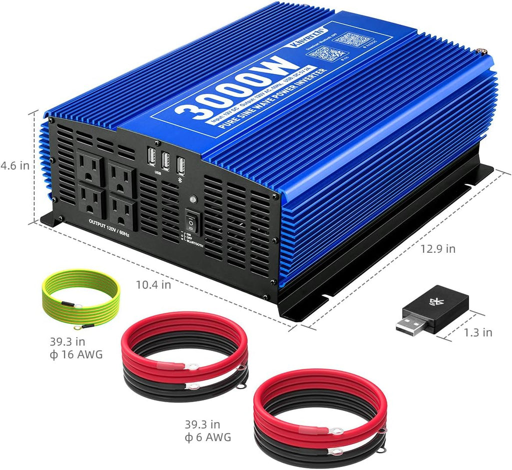 3000W Pure Sine Wave Power Inverter 12V DC to 110V AC Car Inverter with Bluetooth 4 AC Outlets 2 USB Ports X74395