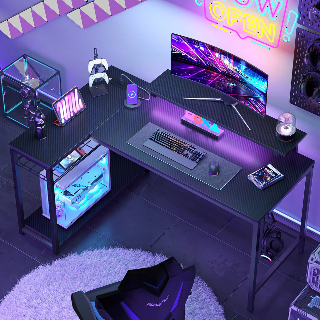 52" L Shaped Gaming Desk with LED Lights and Power Outlet Z8357