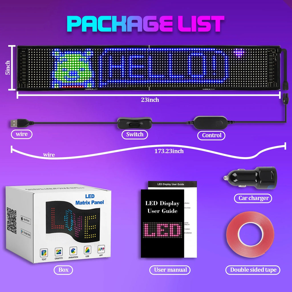 LED Car Sign Scrolling Flexible RGB Bluetooth Programmable 23''x5'' K861