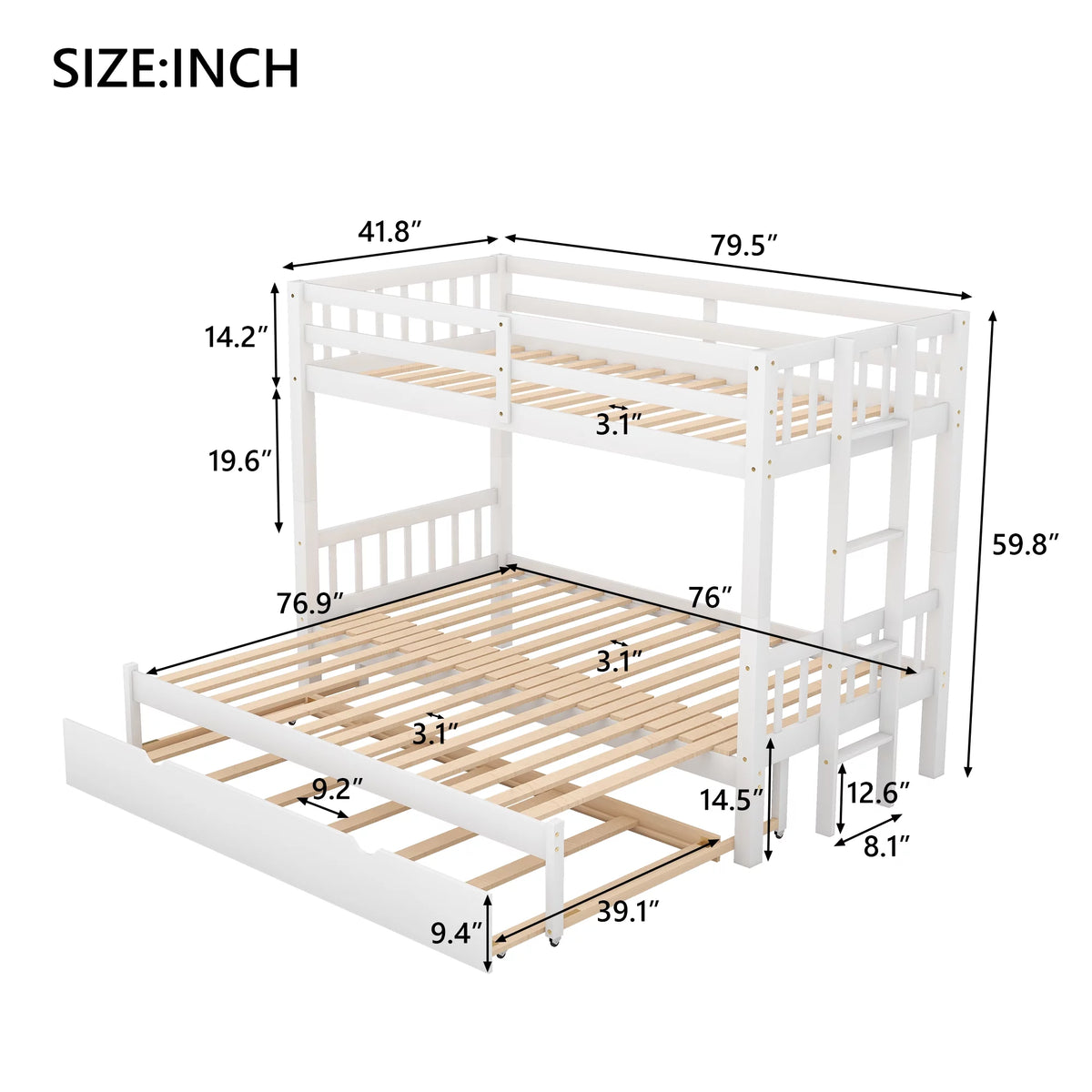 White Solid Wood Twin Over Twin Extendable Bunk Beds with Trundle L587
