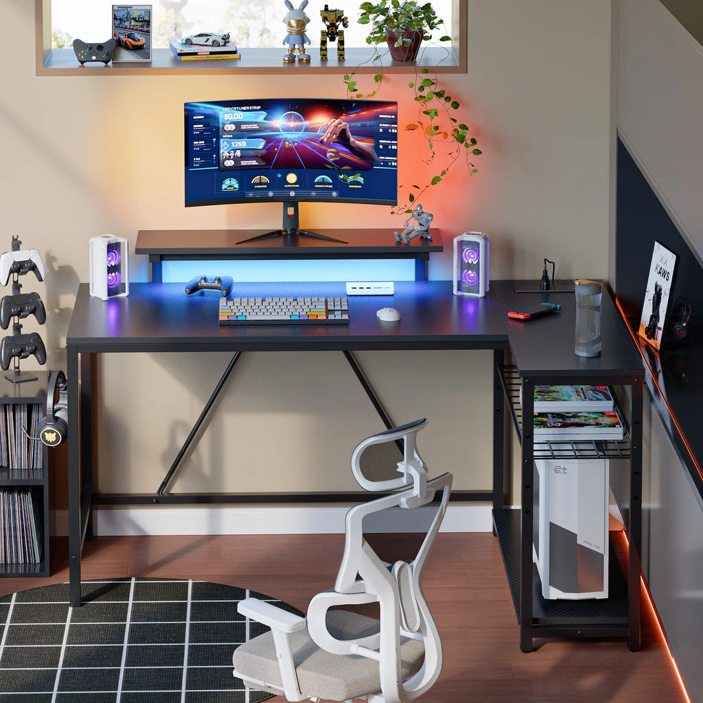 52" L Shaped Gaming Desk with LED Lights and Power Outlet Z8357