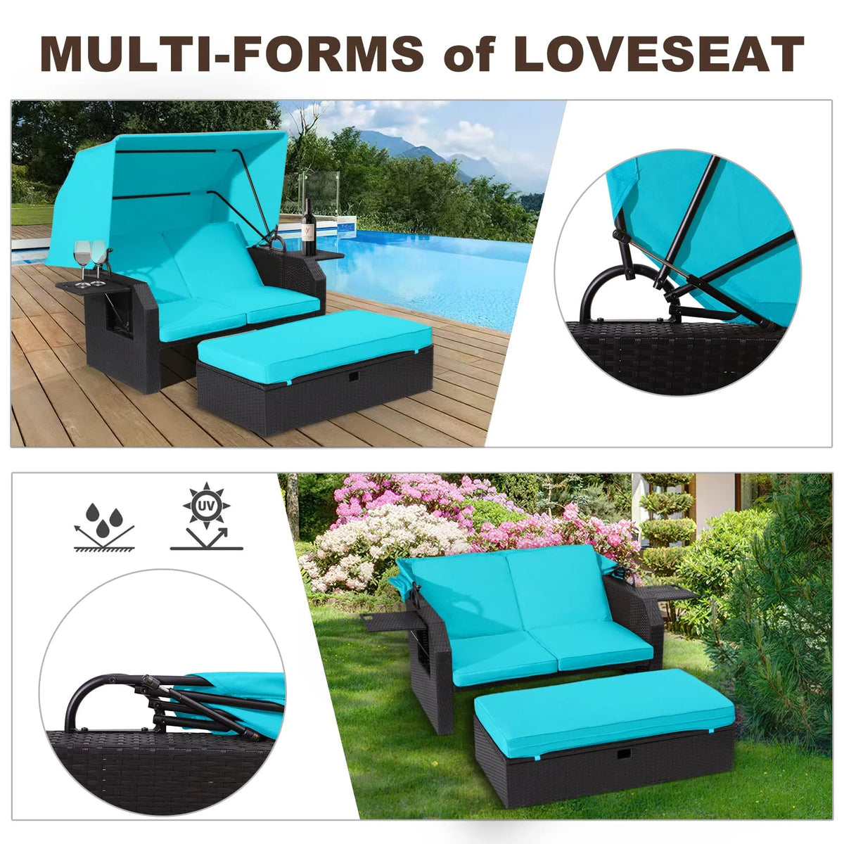 Outdoor Rattan Sofa Set with Retractable Canopy, Side Table, Ottoman, Cushion G4126