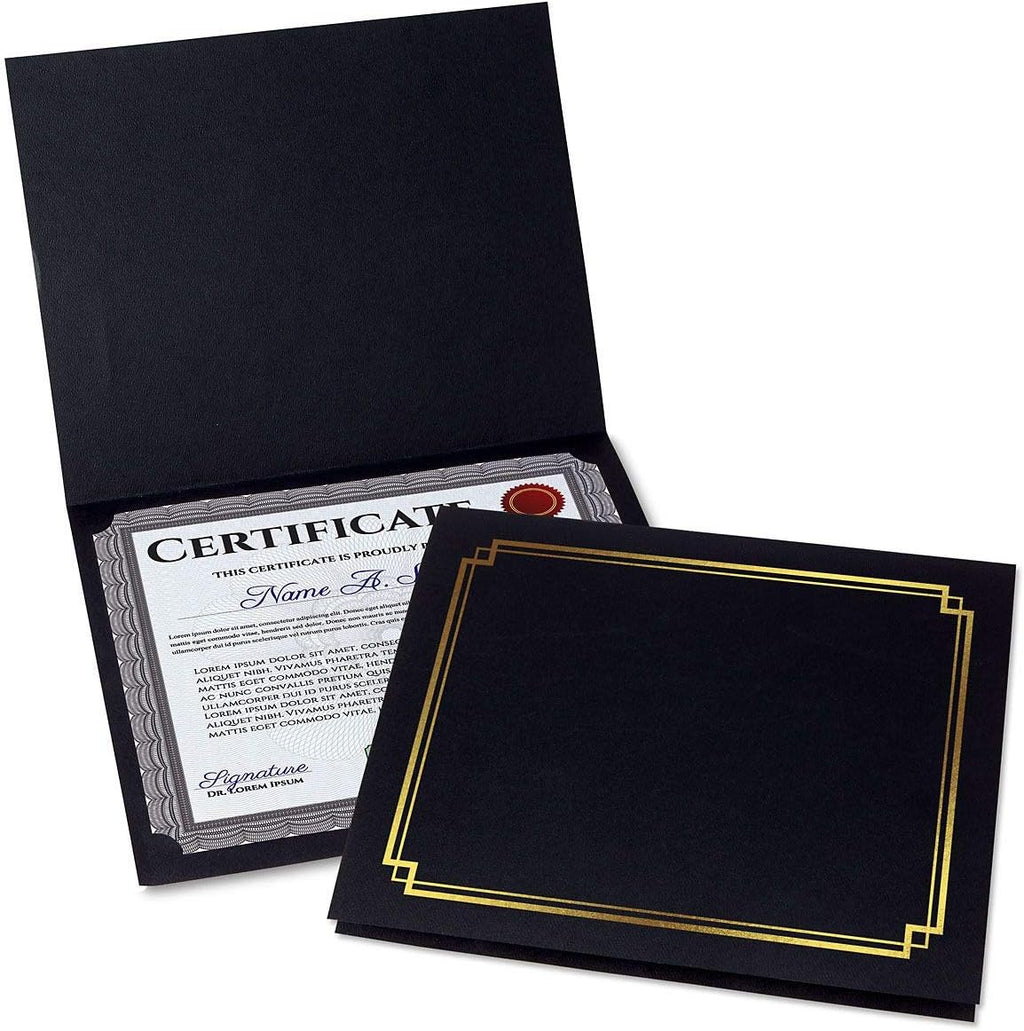 Black & Gold Certificate Holders, Pack of 25, Linen Cover, 9-1/2 x 12 Y357