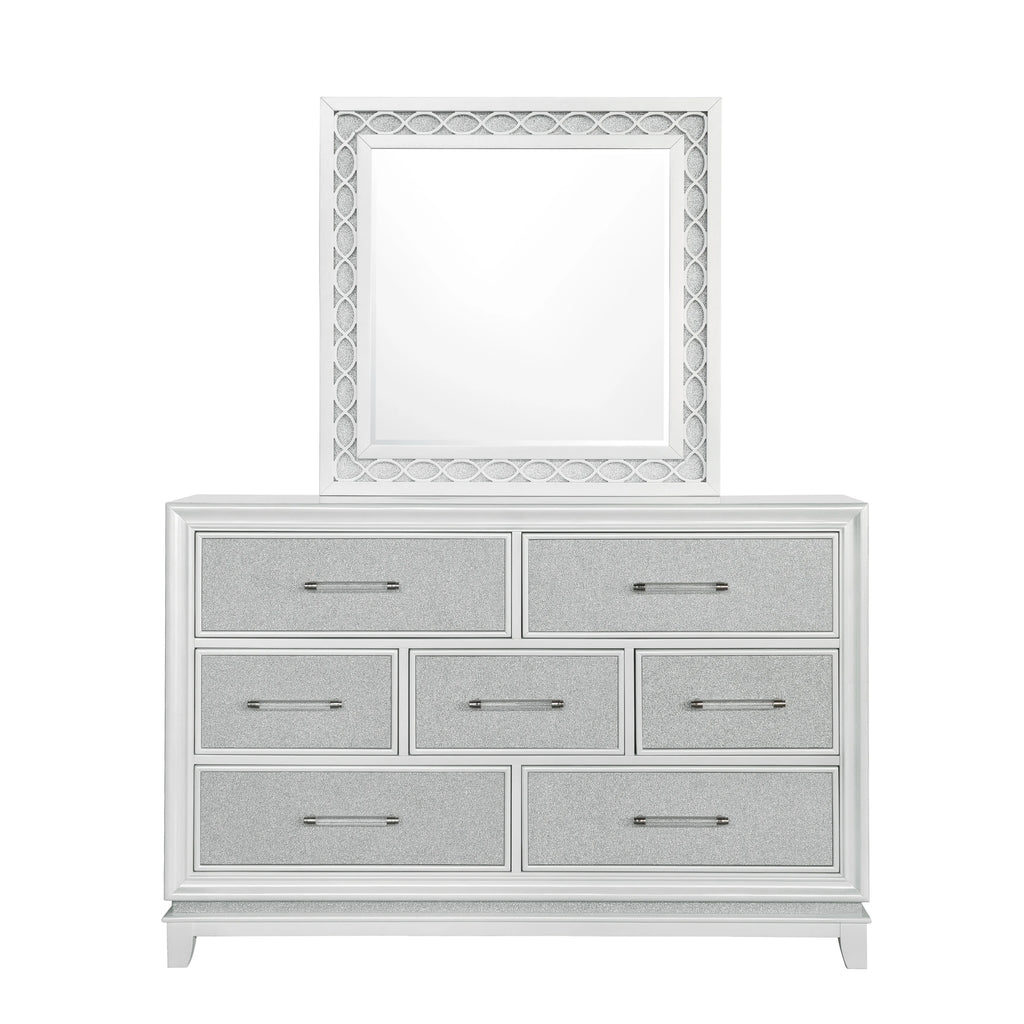 King 5-Piece Bedroom Set with LED Lights, Tufted Bed, Dresser, Mirror, and 2 Nightstands in Pearlized White G268