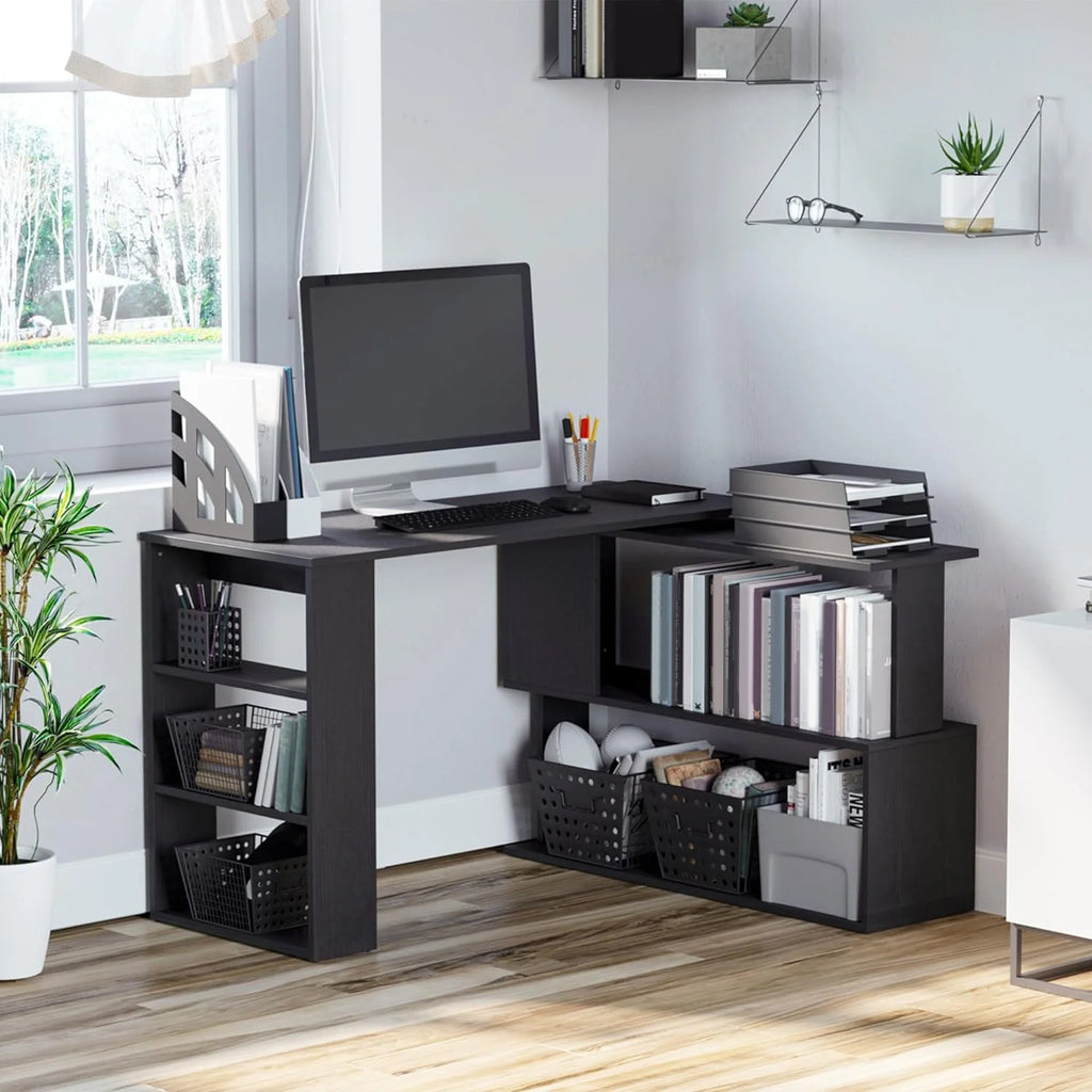 L Shaped Corner Desk with Storage Shelves, Black Z241