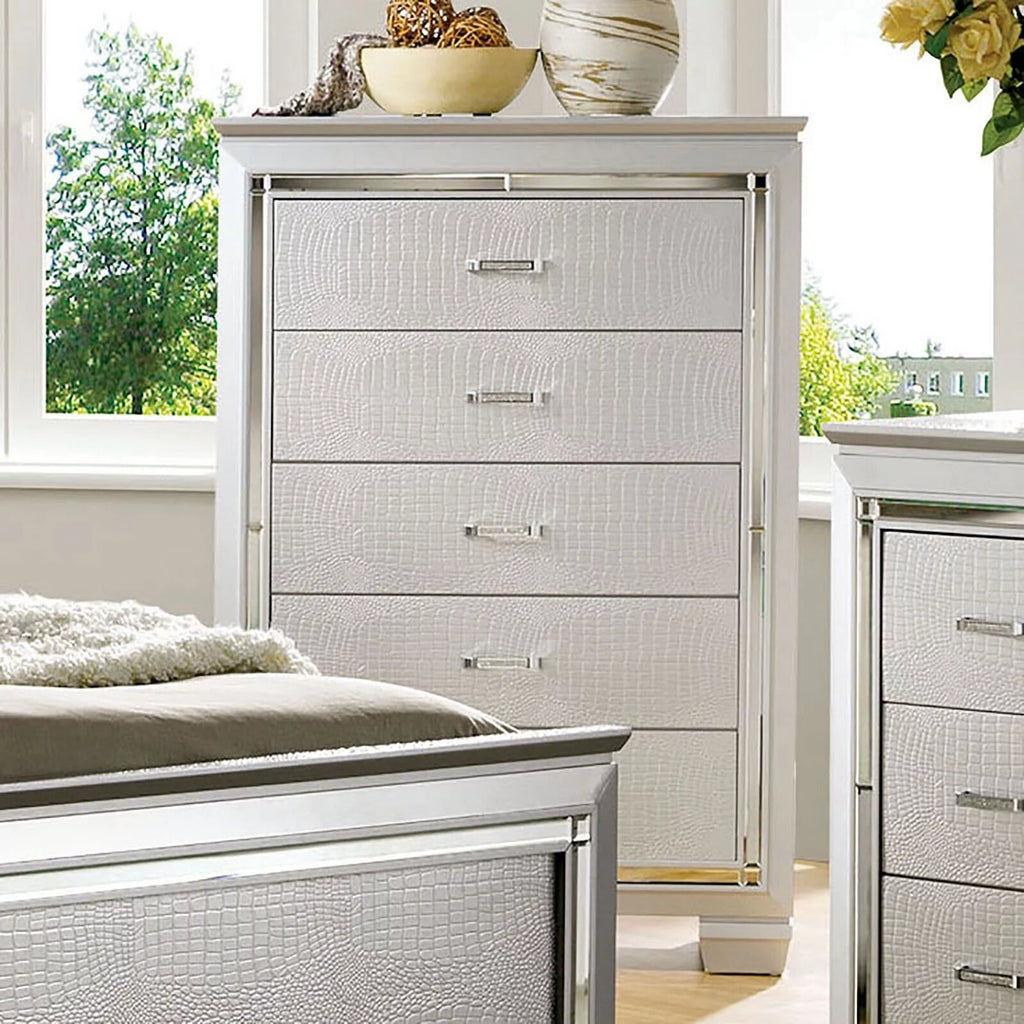 California King Size Bed with Nightstand and Chest Silver Solid Wood Tufted Leatherette T240699