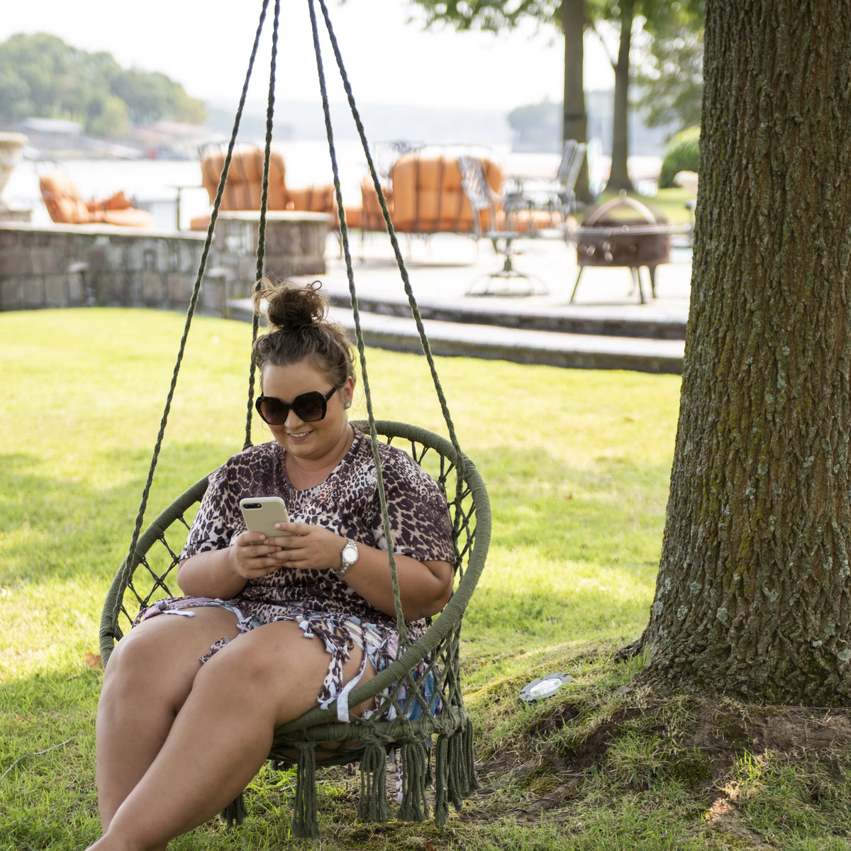 Macrame Outdoor Hammock Chair, Cotton Blend Olive Green, 47” L x 24” W, Capacity 250 lb. T21255