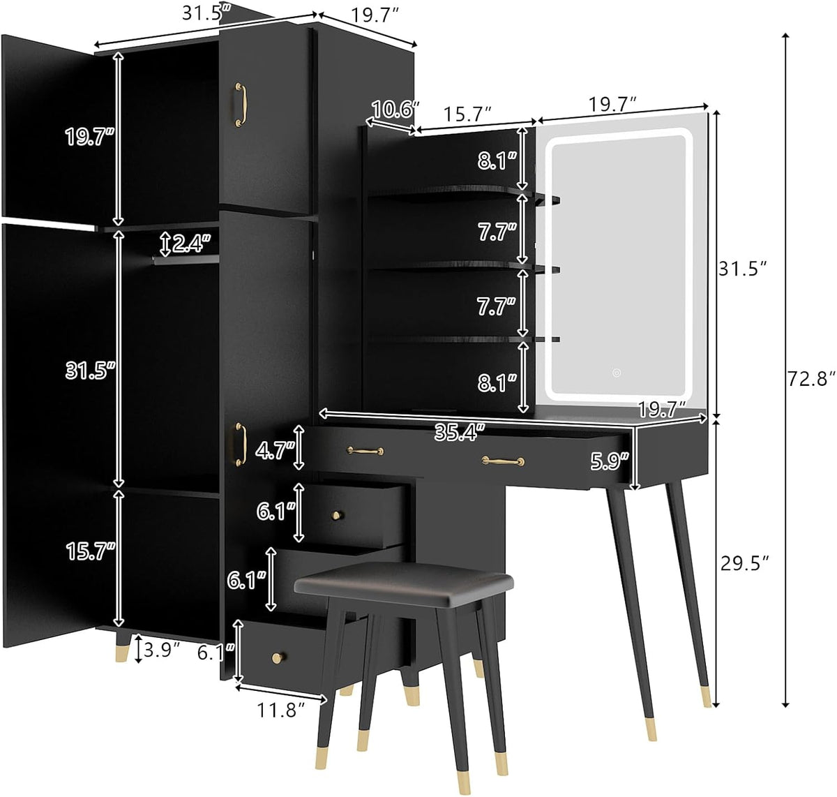 Black Vanity Desk with 4 Door Closet, Lights Mirror, Stool Set, Storage Cabinet 170 x 50 x 185CM V19908