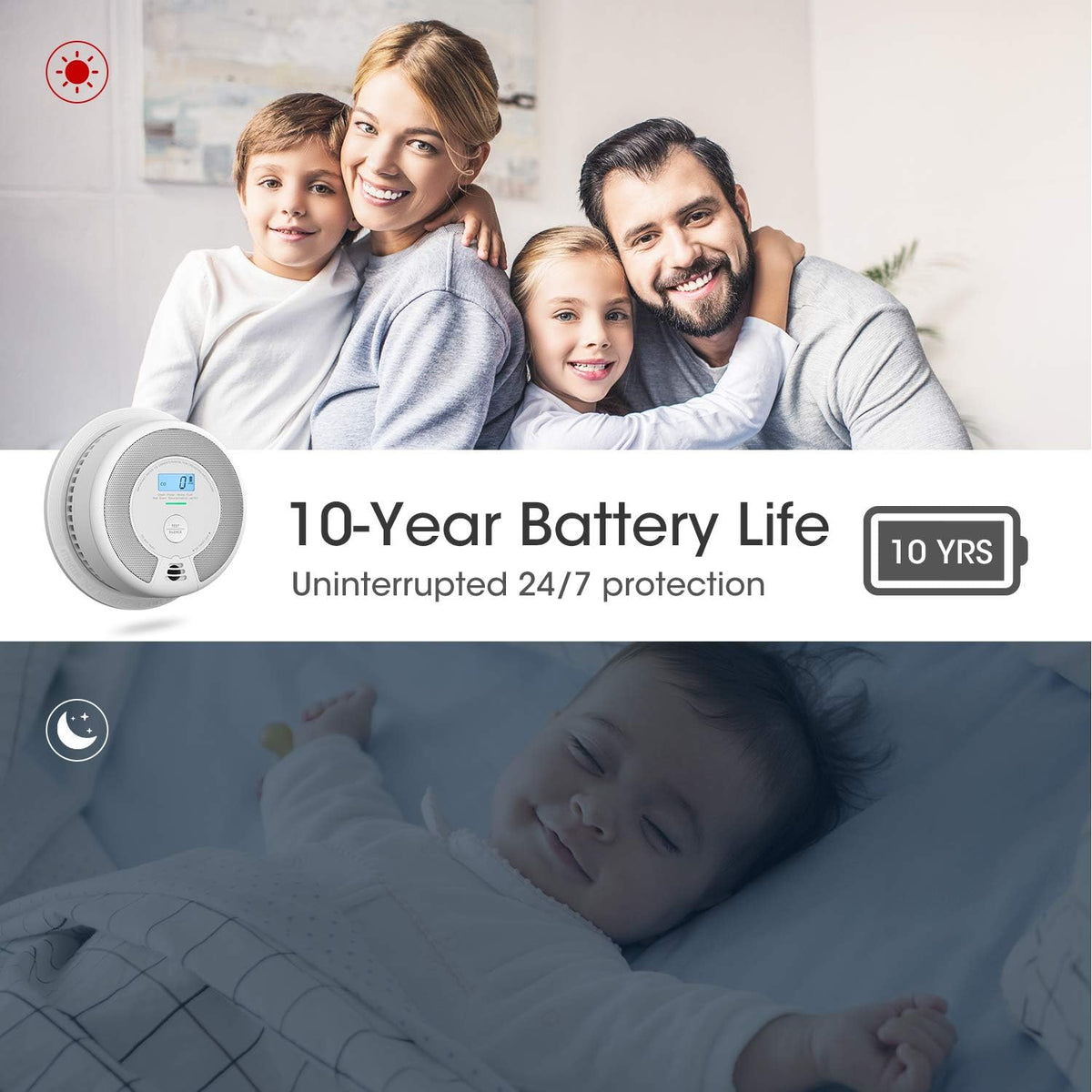 10-Year Battery Smoke and Carbon Monoxide Detector Alarm with LCD Display, Dual Sensor, 5-Pack O9264