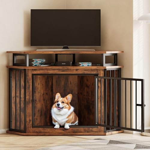 Rustic Brown Corner Wooden Dog Crate with 2-Tier Shelves C660