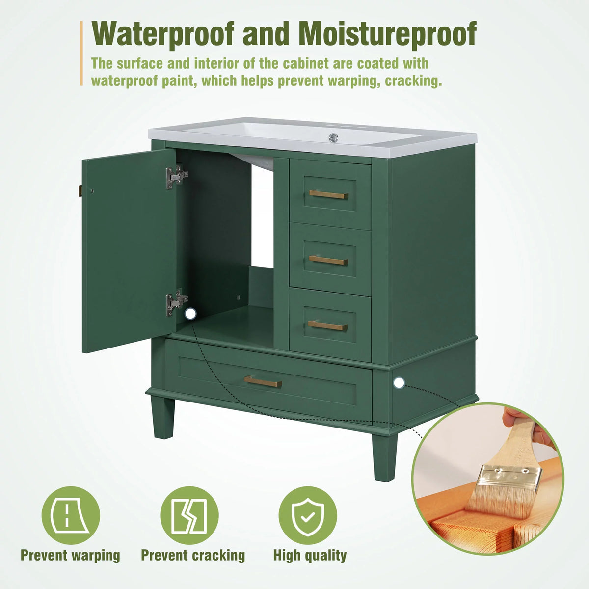 30" Green Solid Wood Bathroom Vanity with Top Basin and 3 Drawers D3415