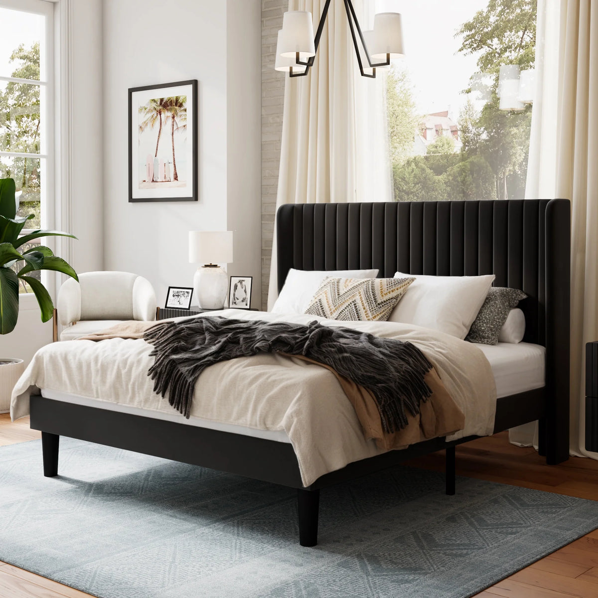 Queen Size Velvet Upholstered Platform Bed Frame D6865