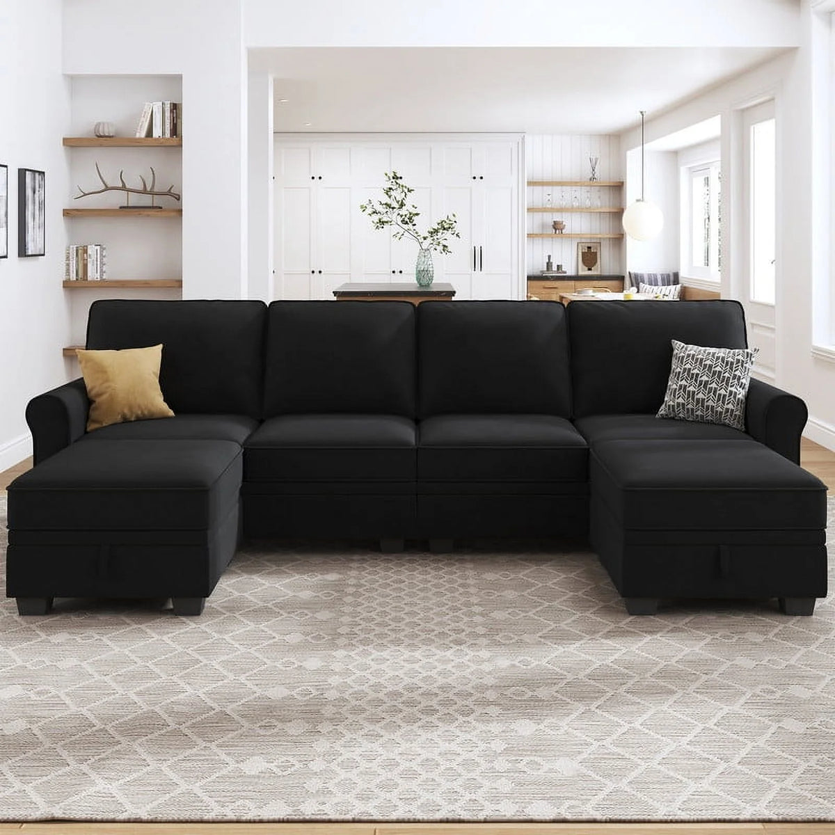 Dark Grey U-Shaped Sectional Sofa with Ottomans E39227