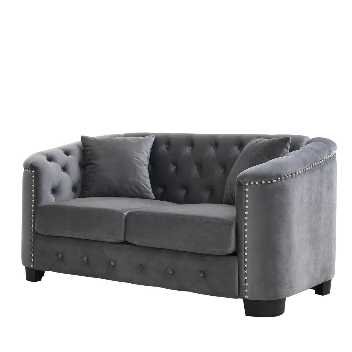 Grey Velvet Small Sofa with 2 Seat Cushions and 2 Throw Pillows U1607