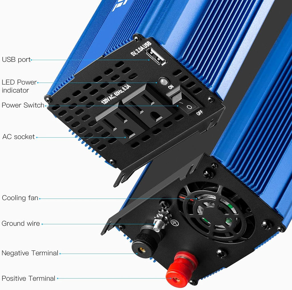 3000W Pure Sine Wave Power Inverter 12V DC to 110V AC Car Inverter with Bluetooth 4 AC Outlets 2 USB Ports X74395