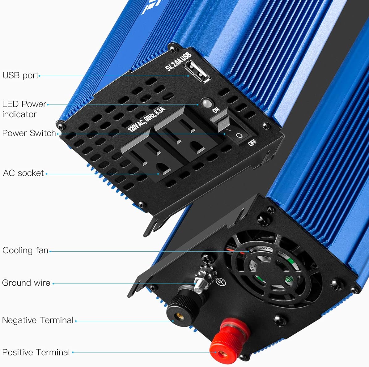 3000W Pure Sine Wave Power Inverter 12V DC to 110V AC Car Inverter with Bluetooth 4 AC Outlets 2 USB Ports X74395