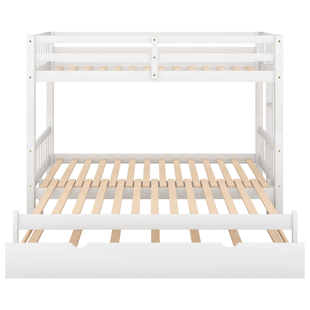 White Solid Wood Twin Over Twin Extendable Bunk Beds with Trundle L587