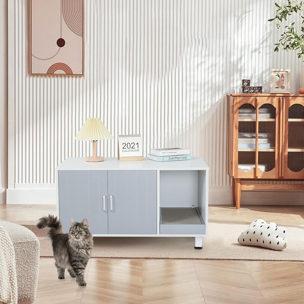 White & Grey Cat Litter Box Furniture Storage Bench Y311288