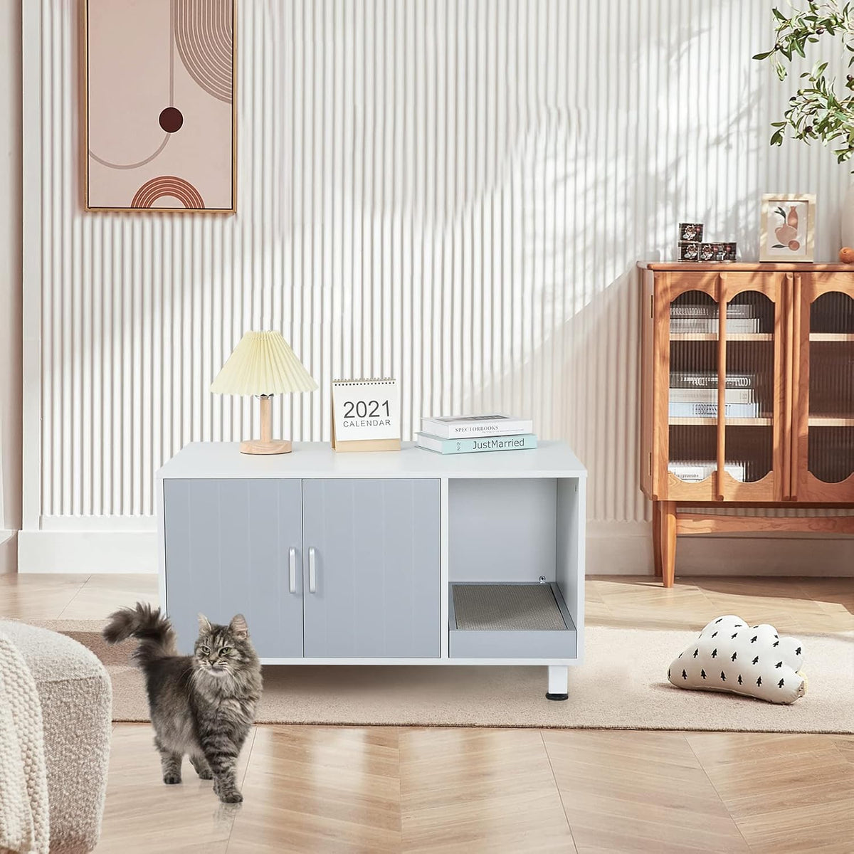White & Grey Cat Litter Box Furniture Storage Bench Y311288