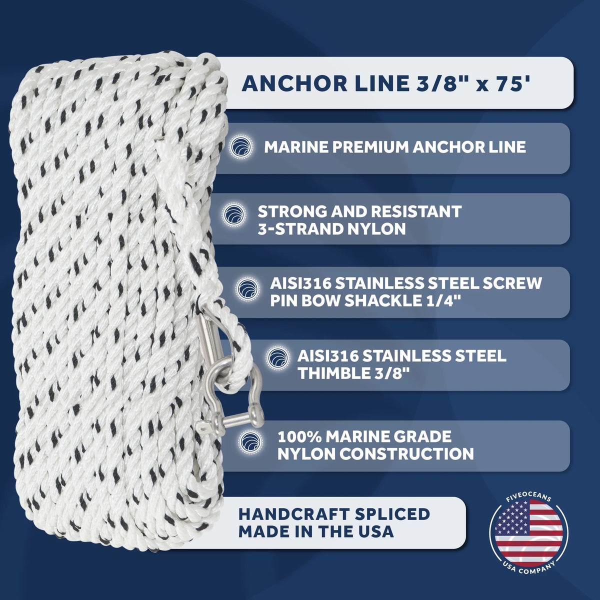 3/8 inch x 75 ft 3-Strand White Nylon Anchor Rope with Stainless Steel Thimble and Schakle Y14597