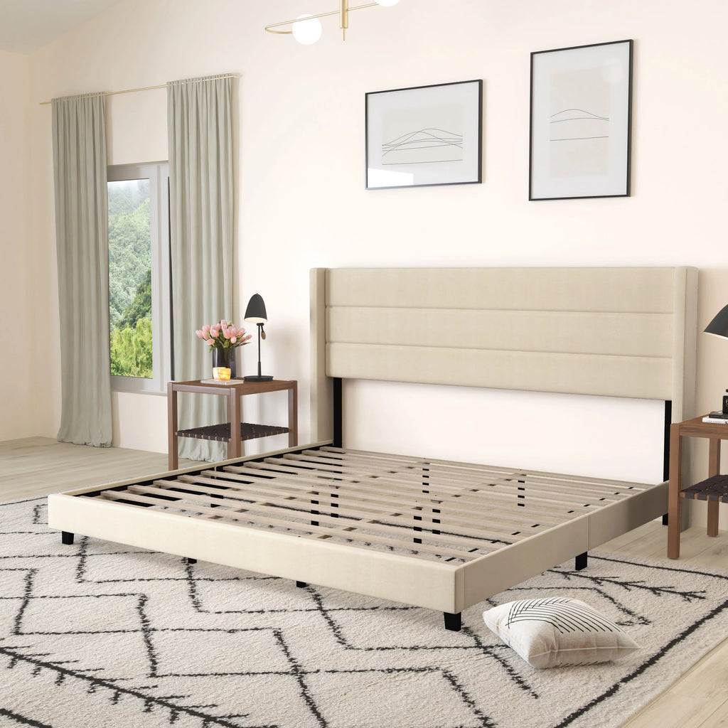 King Platform Bed with Beige Faux Linen Upholstered Headboard P403