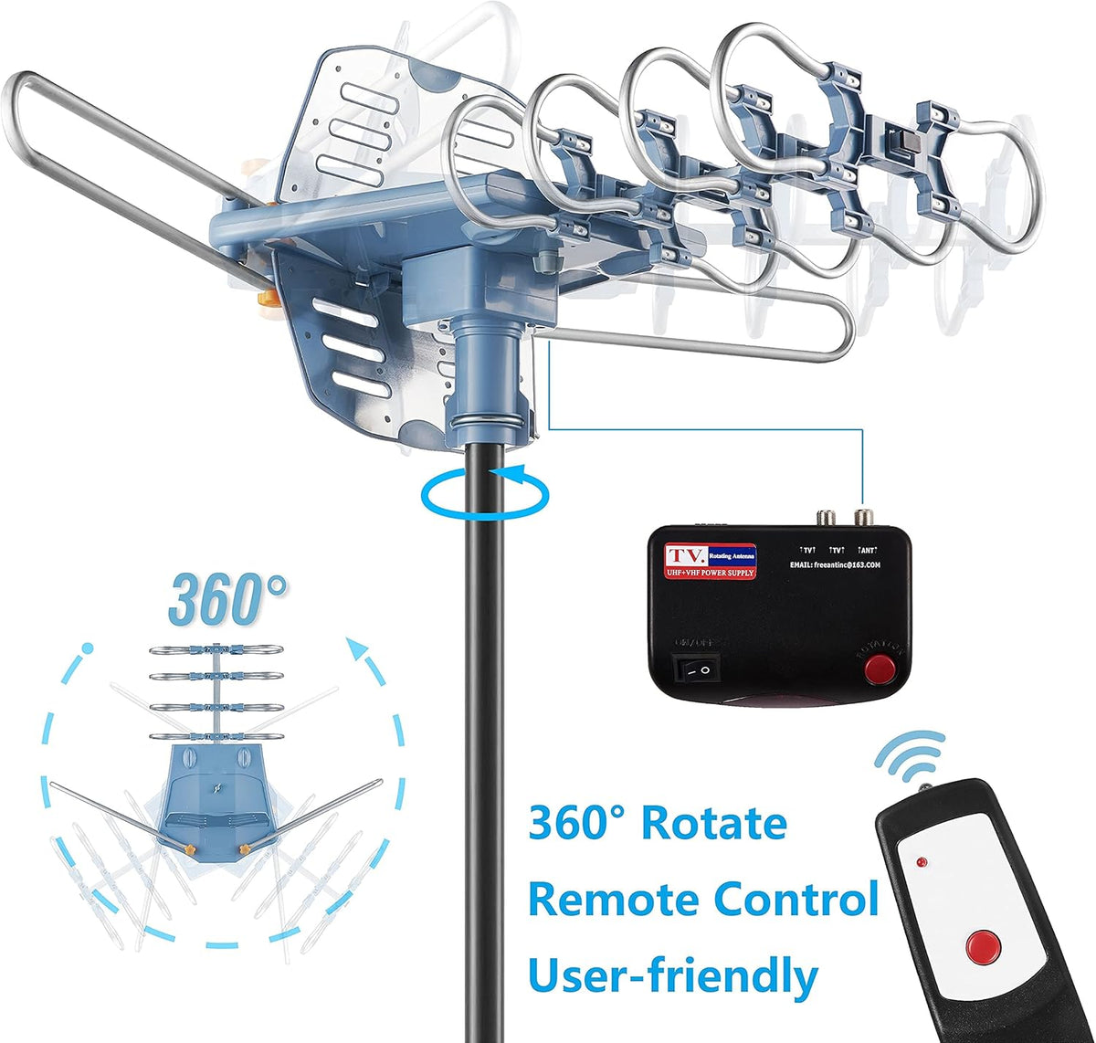Outdoor TV Antenna with Mount Pole 4K/1080p Reception, 40feet RG6 Coaxial Cable, 360 Degree Rotation Wireless Remote, 2 TVs Function Z3102