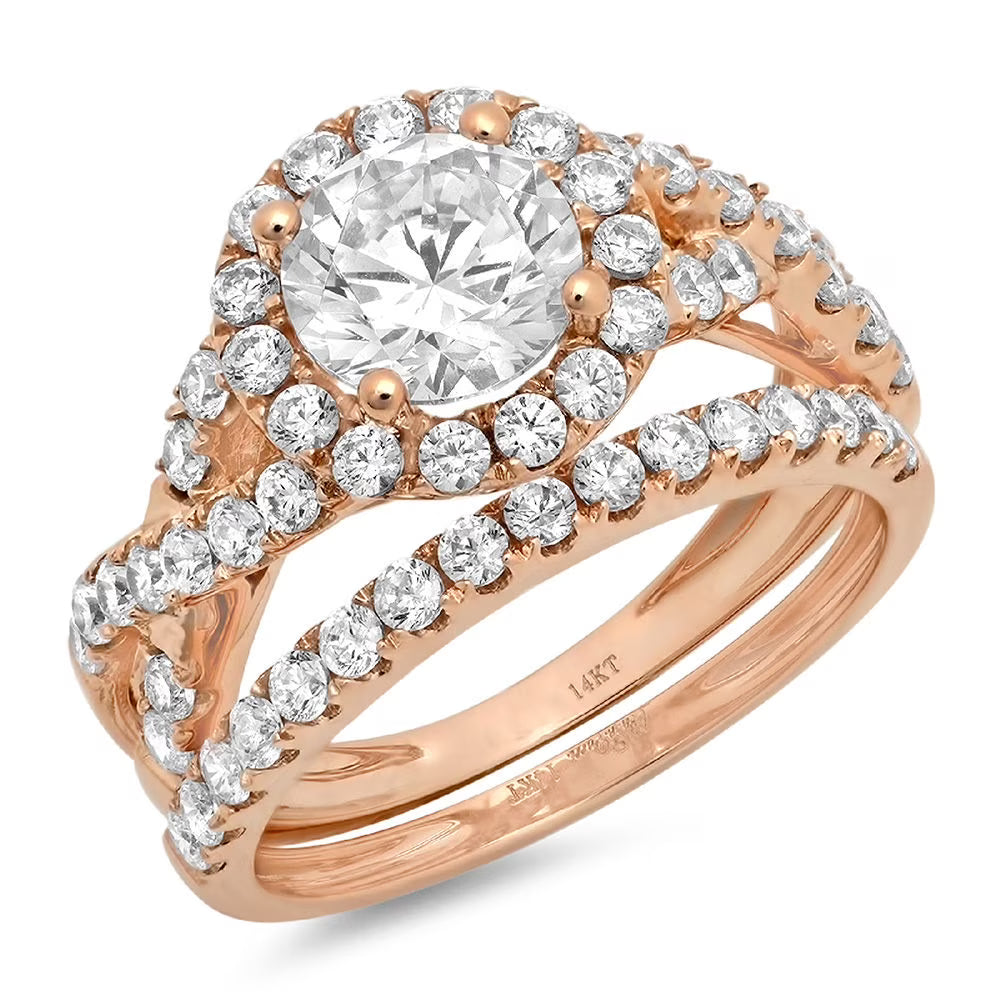 1.92 ct Genuine Cultured Diamond 18K Rose Gold Halo Engagement Ring Set size 3.5 Q8344