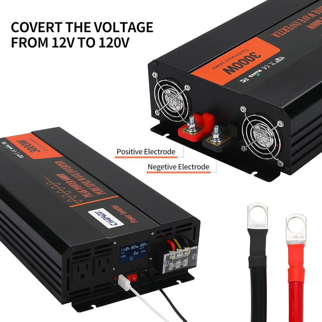 2000W Pure Sine Wave Power Inverter DC 12V to AC 120V with LCD Display Remote Control USB Port V4725