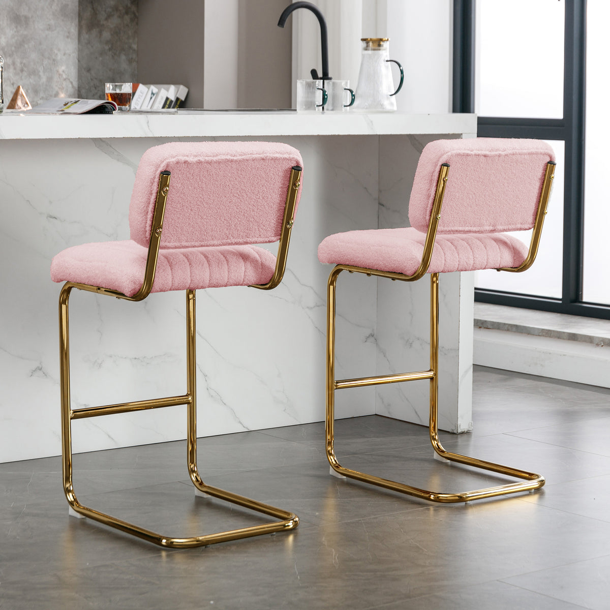 Pink Boucle Fabric Counter Height Bar Stools Set of 2 H333