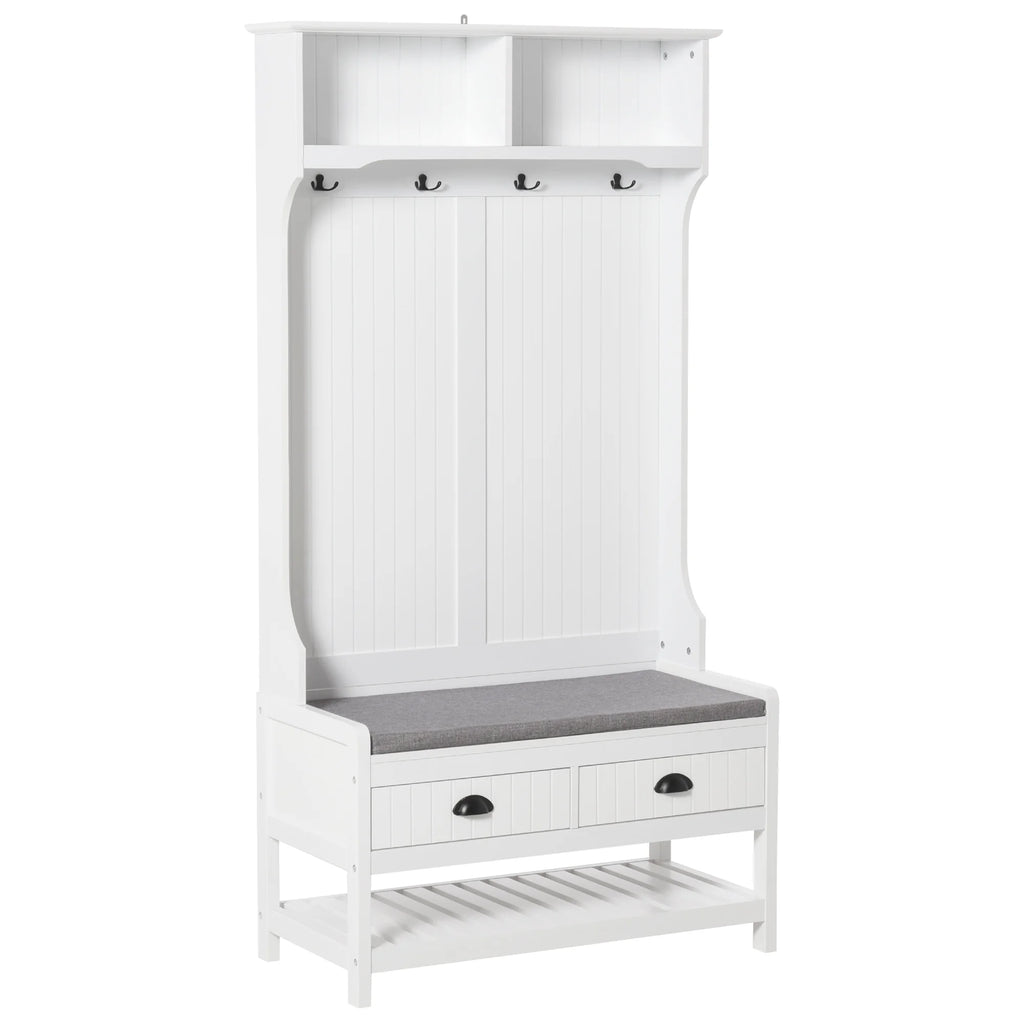 White Coat Rack and Bench with 4 Hooks, 2 Drawers A19537