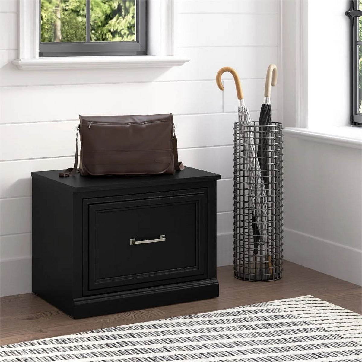 Black Oak Shoe Bench with Drawer B6253